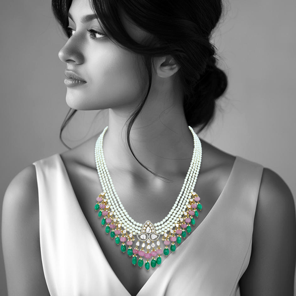 Layered Pearl Necklace with Polki, Emerald, and Rose Quartz Beads